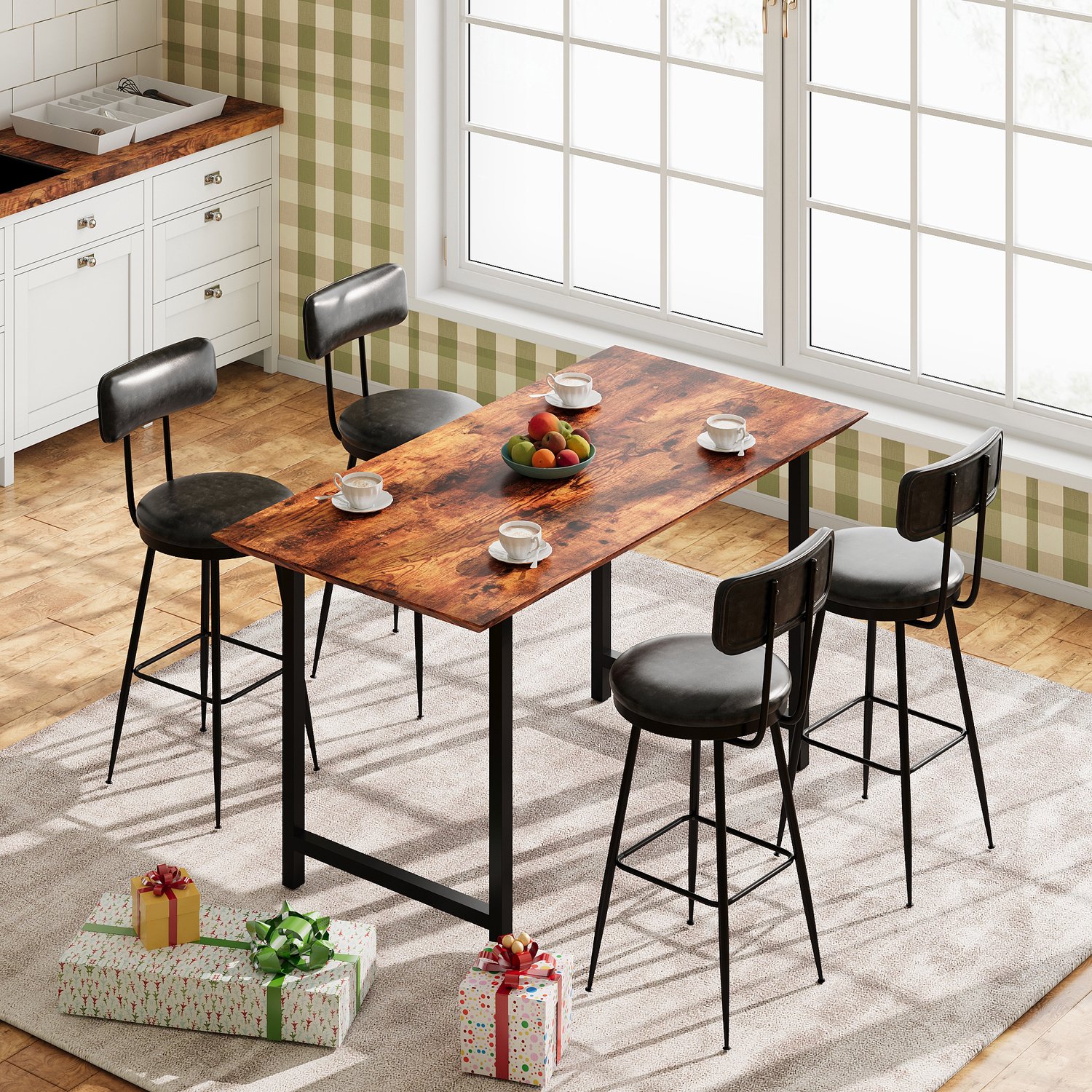 ROSAHQNDA Set van 4 barkrukken, zithoogte 92 cm, keukenkrukken en hoge eetkamerstoelen met metalen onderstel en PU-zitting, zwart