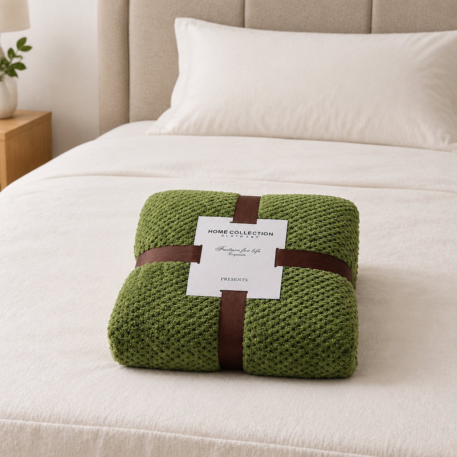 SWGOTA Legergroene flanellen deken 120 x 200 cm, polyester met wafelstructuur, verpakt met lint en kaart