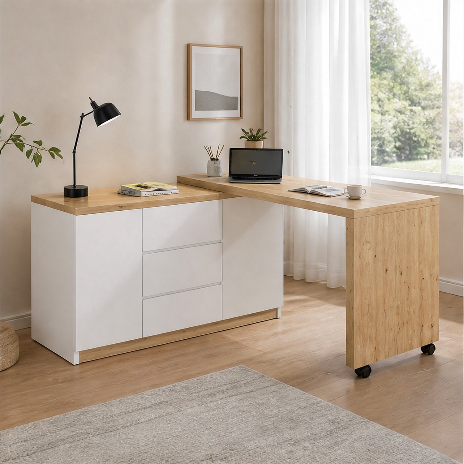 City long dragon LONG DRAGON - Salontafel - 105x50 cm houtkleur - lift-top 45-60 cm met opbergvak en 2 zwarte stoffen lades Houtkleur met zwart