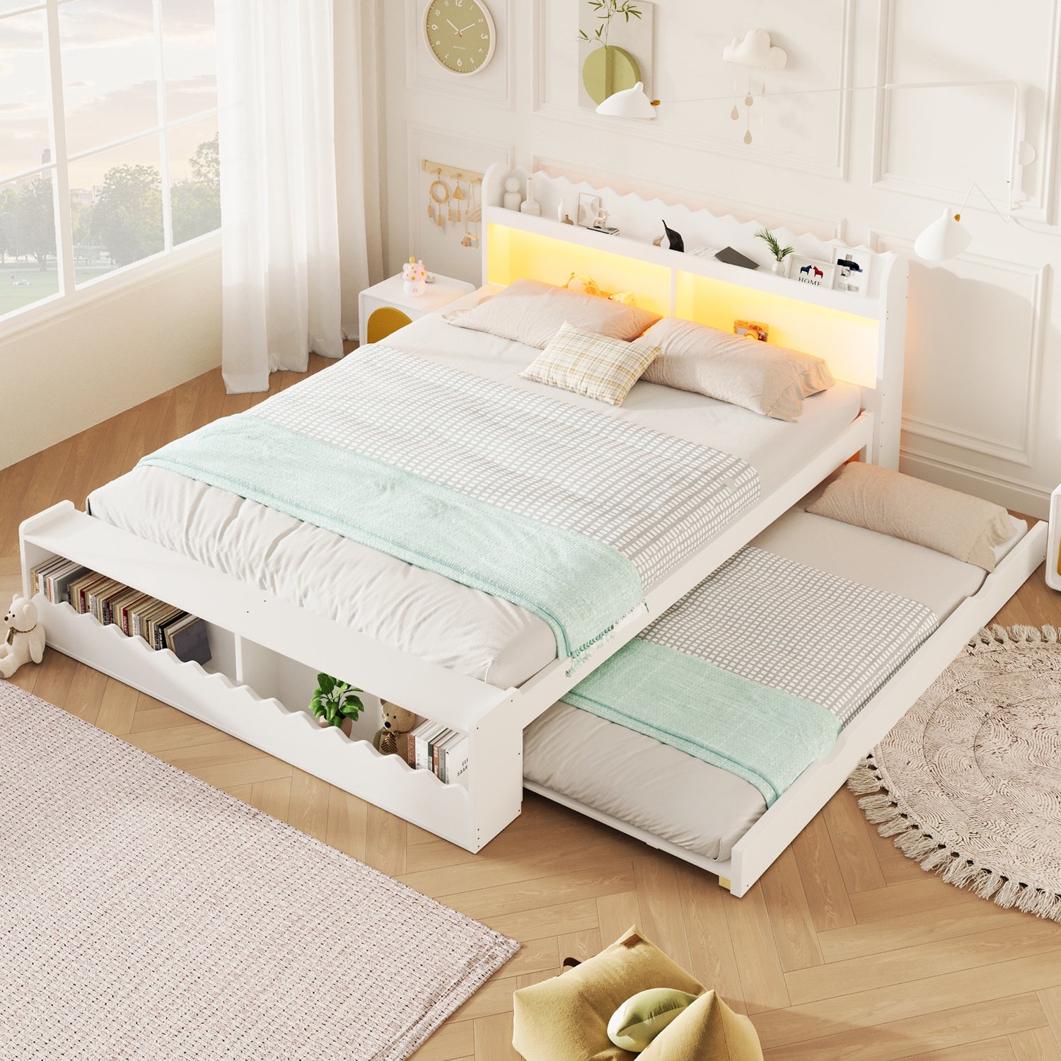 Sweiko Tweepersoonsbed - 140 x 200 cm - Houten bedframe - Opbergruimte - Met uitschuifbaar bed - LED-verlichting - Wit