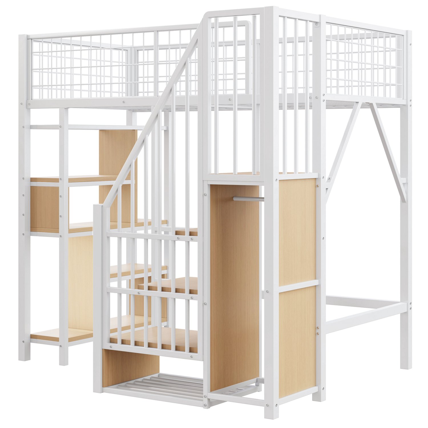 MUVANO Hoogslaper 90 x 200 cm - metalen hoogslaper met opbergruimte - witte hoogslaper met trap, kast en werkruimte onder het bed voor kinderen en volwassenen