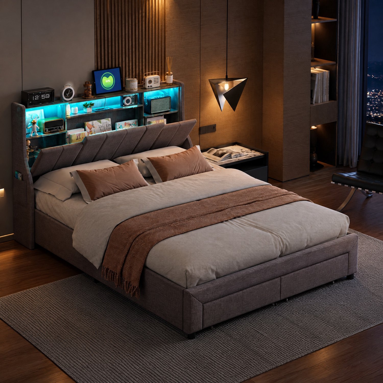 MEXUS Gestoffeerd bed 160x200 cm met LED-Verlichting en USB-Oplaadpoorten, Tweepersoonsbed met Opbergruimte en Lattenbodem, Opbergbed met 2 lades, Linnen Grijs, zonder matras
