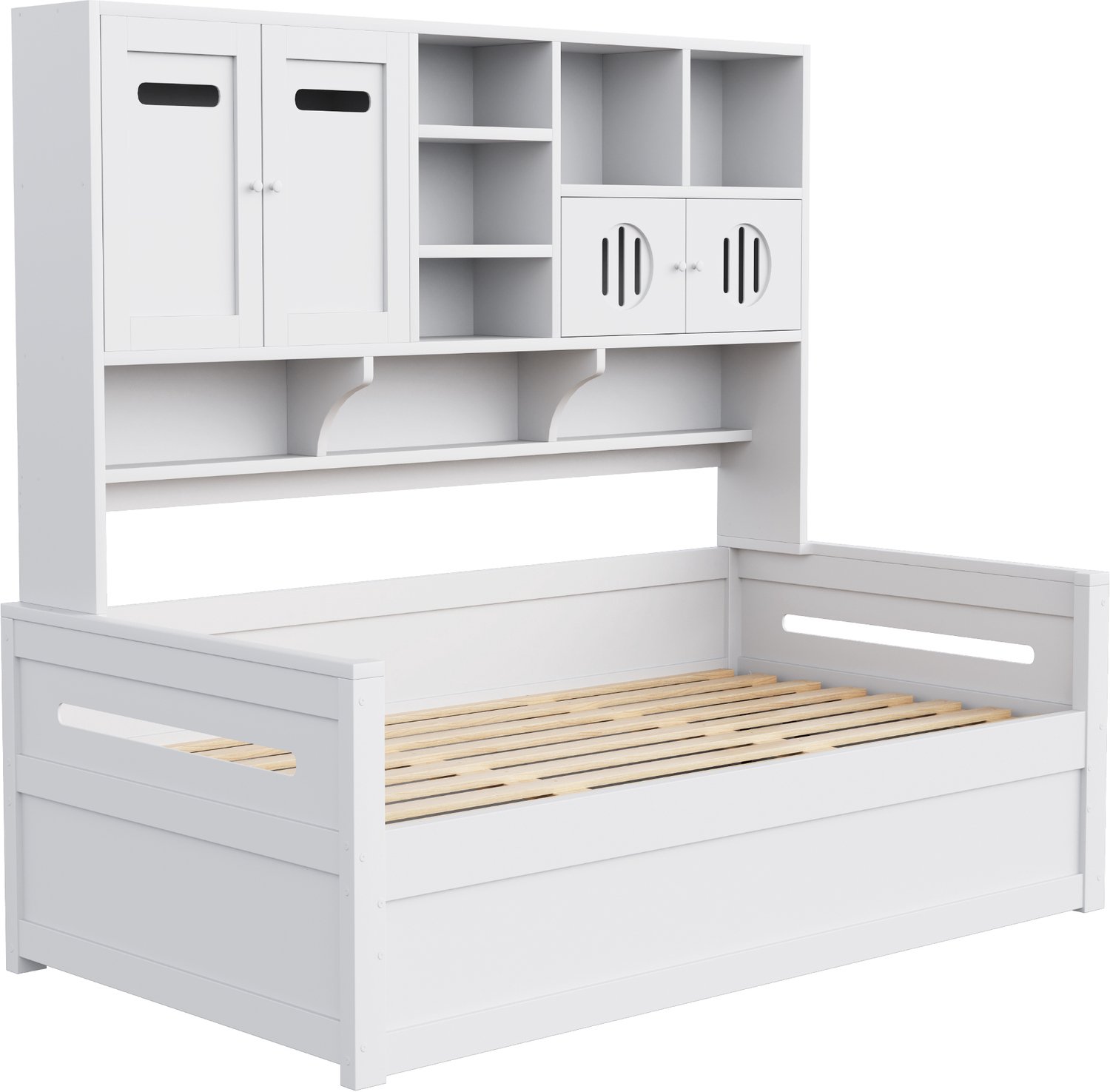 MUVANO Eenpersoonsbed - Houten slaapbank 90x200 - Hydraulische opbergruimte - Grenenhout en MDF - Kastjes en open vakken - Kleine kamers - Wit