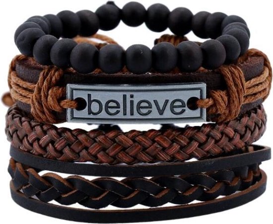 Fako Bijoux® - Leren Armband - Leder - Set Believe - Bruin/Zwart