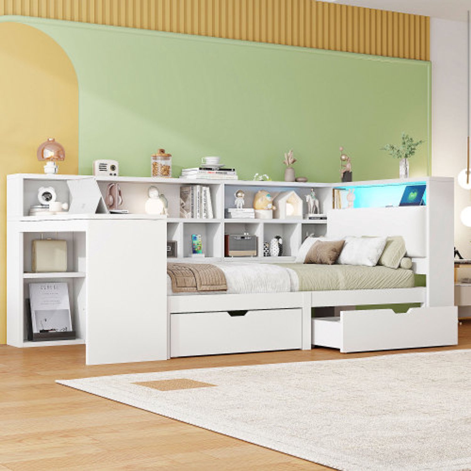 Zubaliya Kinderbed, 90x200 L-vormig houten platformbed met bureau en boekenrek, hoekkajuitbed met gestoffeerd hoofdeinde, lades onder het bed, LED-verlichting - Wit