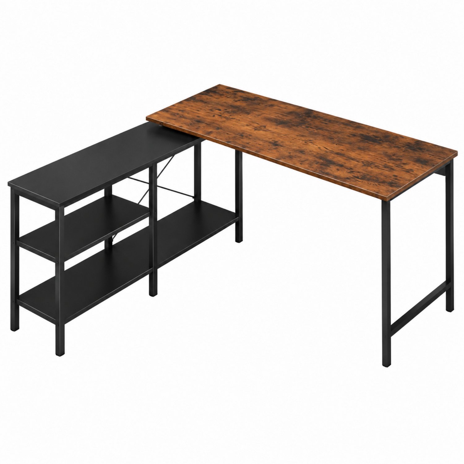 Noventra Hoekbureau - 135 x 120 cm – L-vormig Bureau met Opbergruimte en 2 Planken – Computerbureau met Industrieel Design, Houten Look en Zwart Metalen Frame voor Thuiswerken en Studeren zwart/houtlook