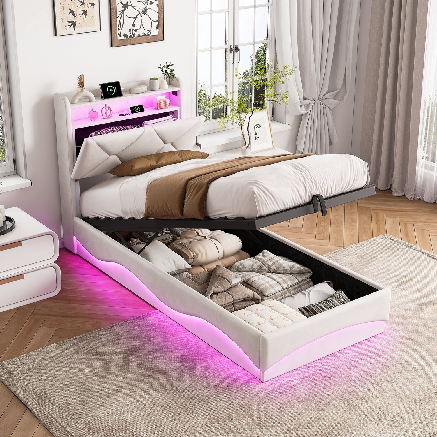 Yelenaro Gestoffeerd Bed 90x200 cm, Hydraulisch opbergbed, Eenpersoonsbed met LED en USB, Bedframe met Lattenbodem, Hoofdbord met opbergruimte, Beige fluweel, Zonder matras