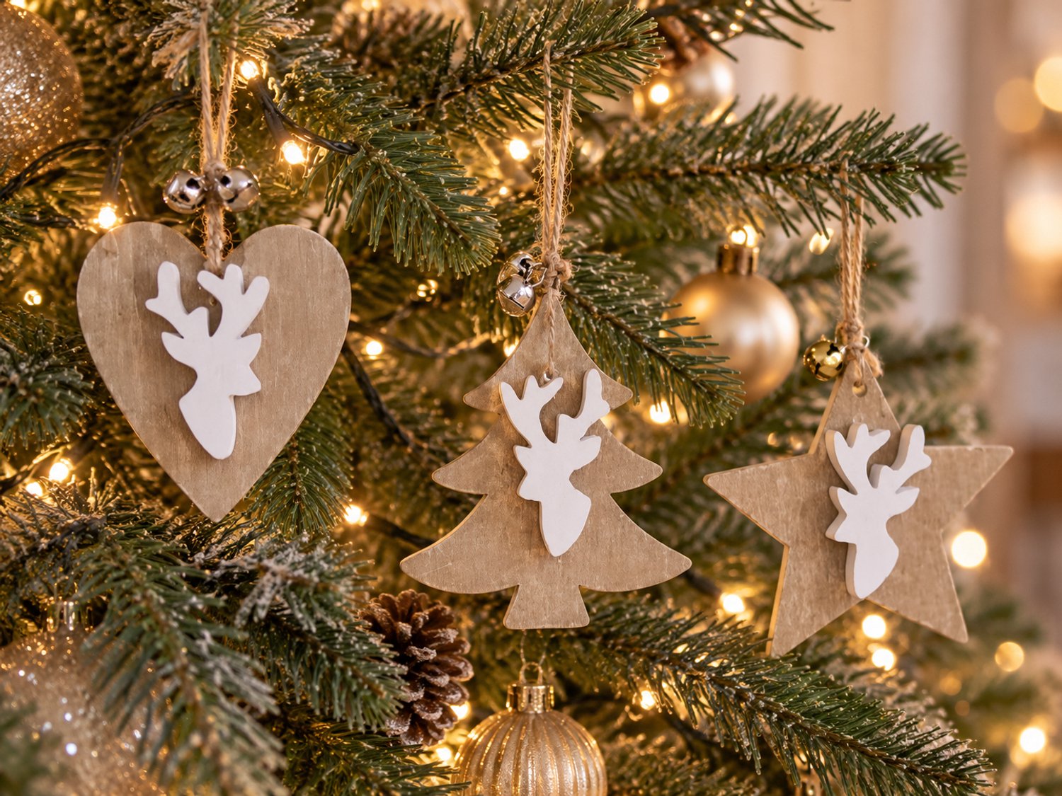 ZoeZo Design 10 stuks - kerst - kersthangers - kerstboomhanger - rendier - kersthanger - kerstdecoratie - assorti - afmeting per stuk circa 10 x 10 cm - met zilveren belletjes wit - houtskleur