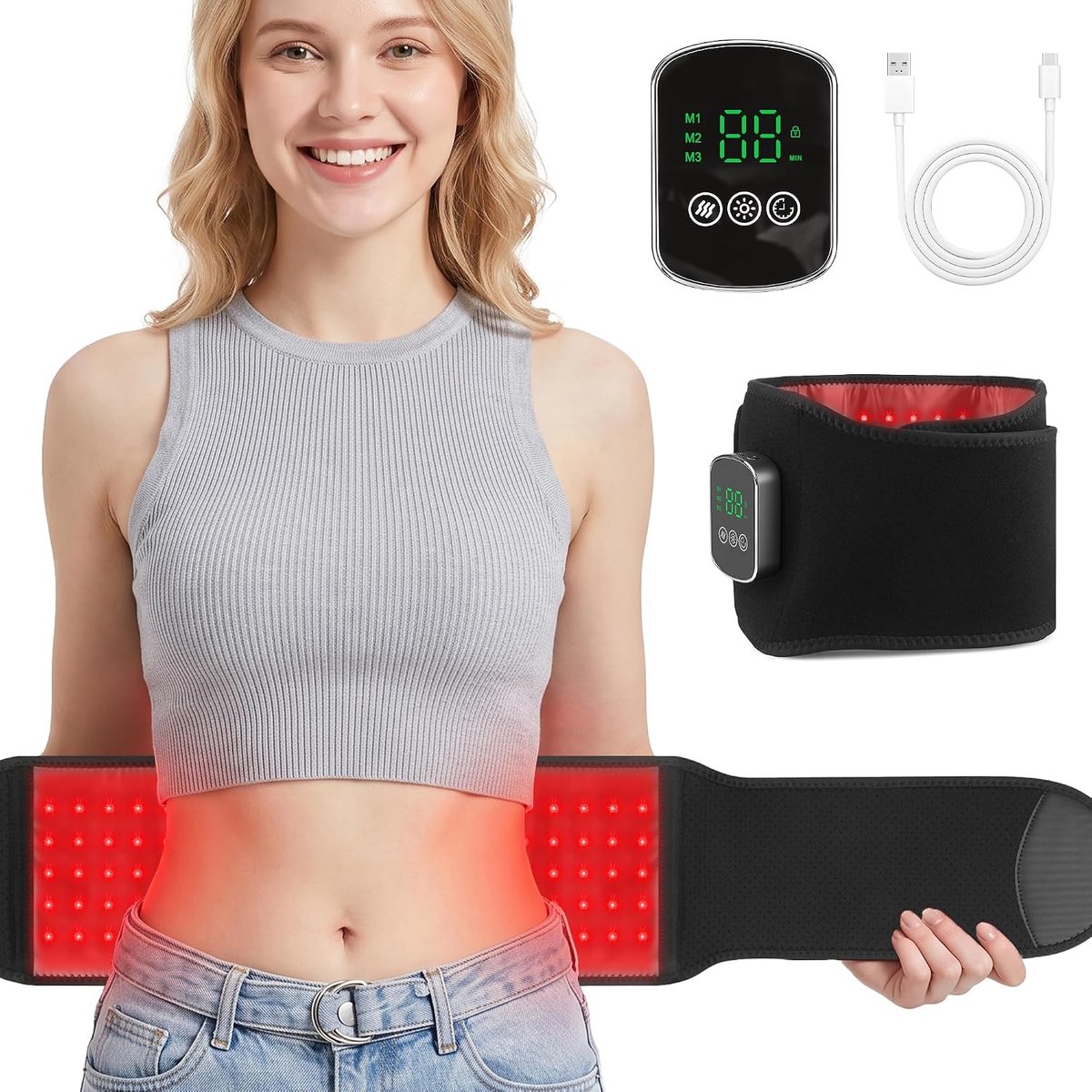 Roodlichttherapie-gordel voor de taille, draadloos (5000 mAh) – 105 LED's, 660 nm & 850 nm, 5 lichtniveaus, 3 vibratiemassagestanden, puls- en ademhalingsmodus, timer (10-30 min), geschikt voor het hele lichaam - zwart
