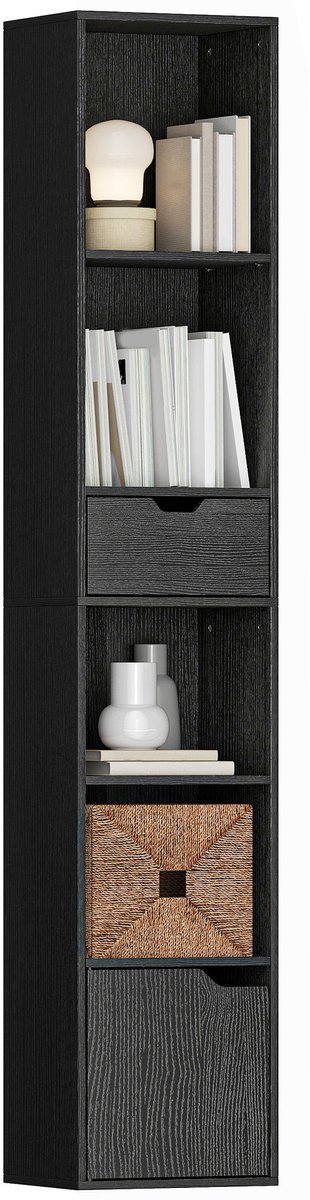 TEKROA® Boekenkasten - 6-laags boekenkast - hoge smalle boekenkast met lade en deur - zwart
