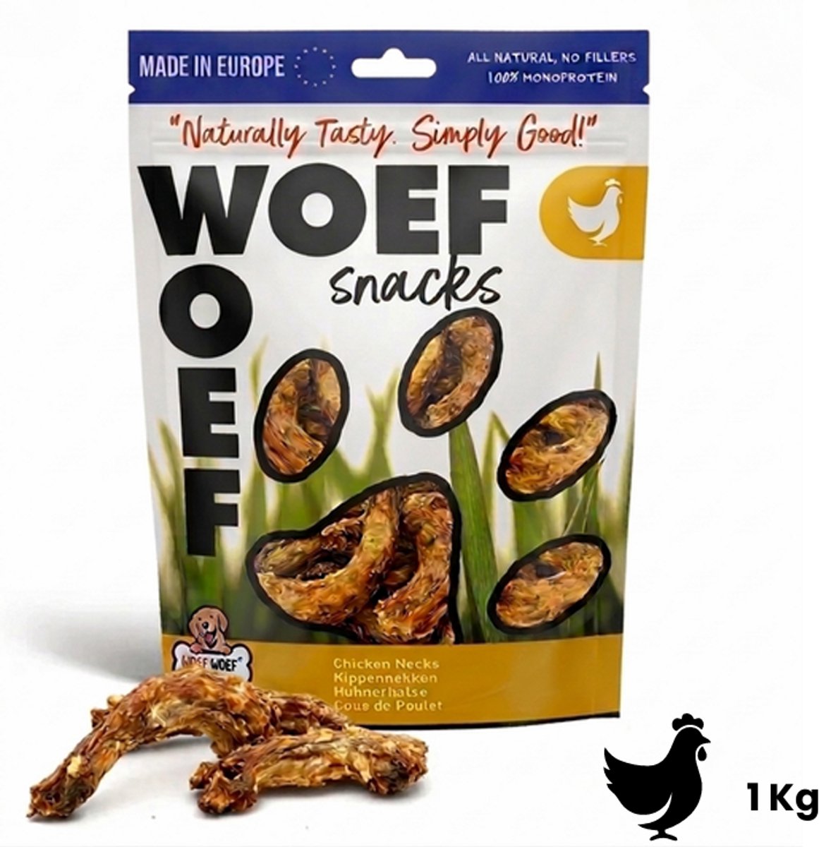 Woef Woef Snacks Hondensnacks Kippennekken 1.00 KG - Verwensnacks Hondensnoepjes - Gedroogd vlees - Kip - Vanaf 3 maanden - Geen toevoegingen