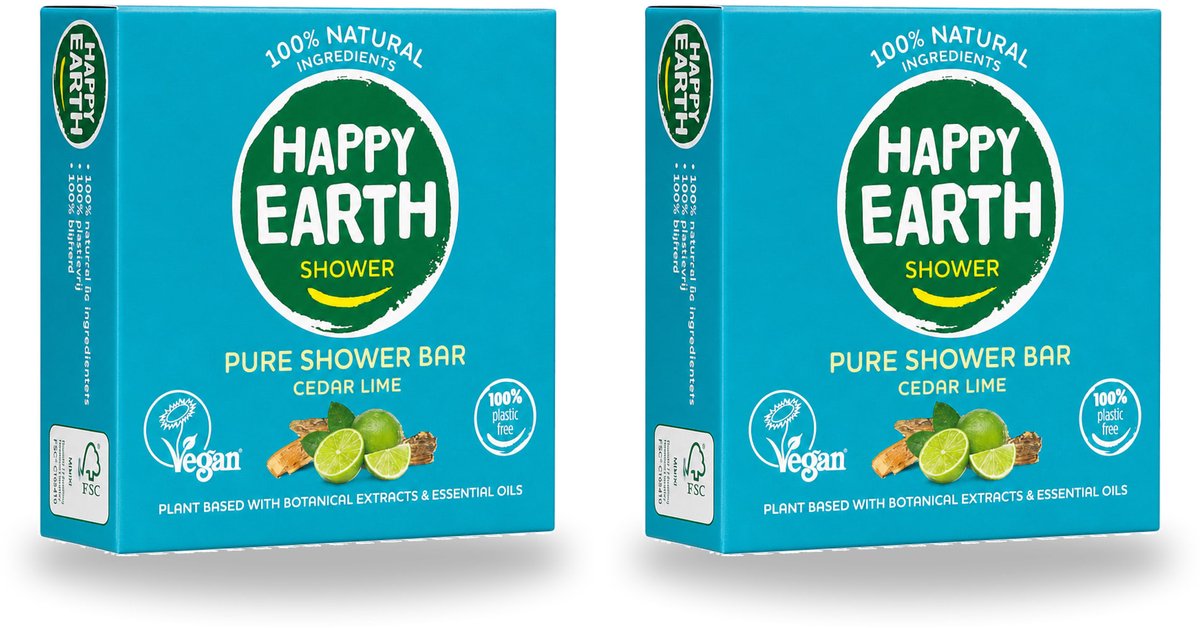 2 x Happy Earth – Shower Bar – 100% Natuurlijk Cedar Lime – 90 g - Voordeelverpakking - 2 stuks