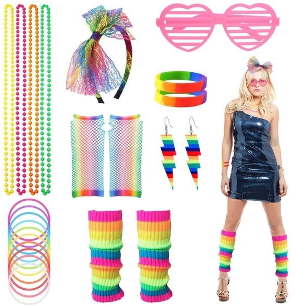 Dailygoods - Kostuumaccessoires - 21-delig - Jaren 80-outfit - Neonaccessoires - Nethandschoenen en hoofdband - Beenwarmers en ketting - Schitterend ontwerp - Feestaccessoires