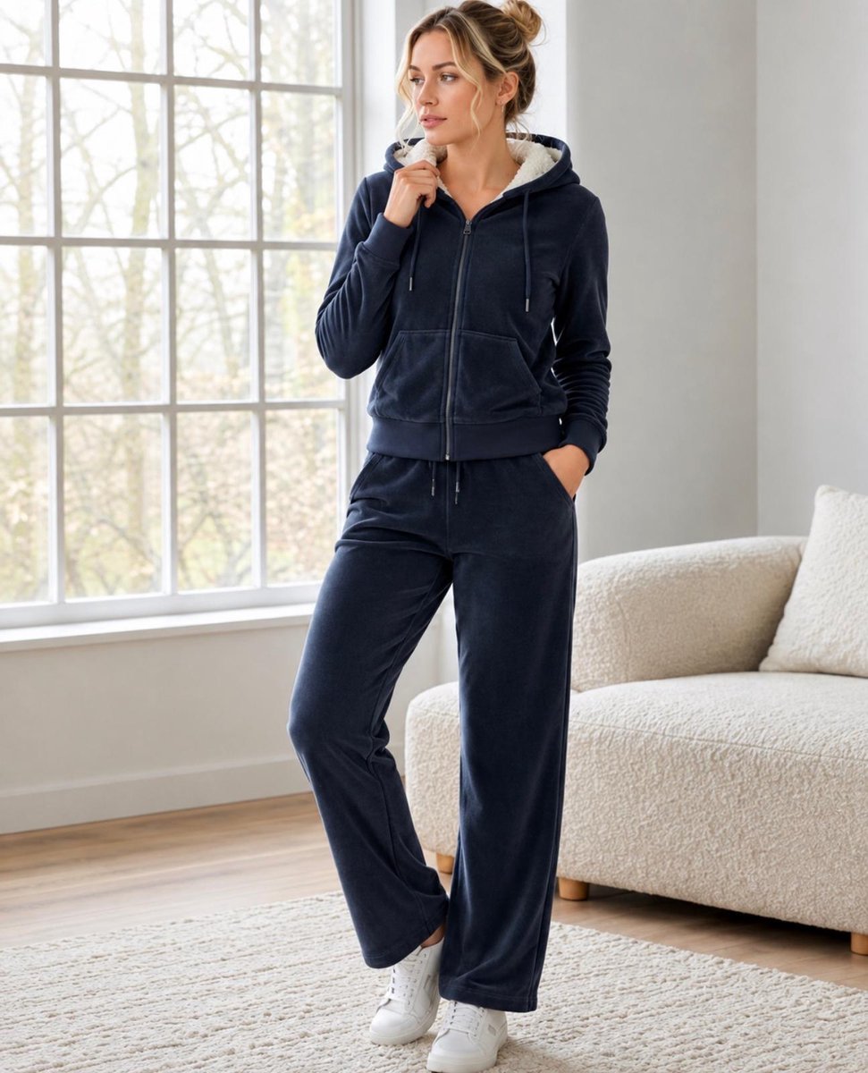 Dames Extra Warm Huispak / Vrijetijdspak -V77- met Teddy Fleece XL/XXL (42-44) DONKERBLAUW