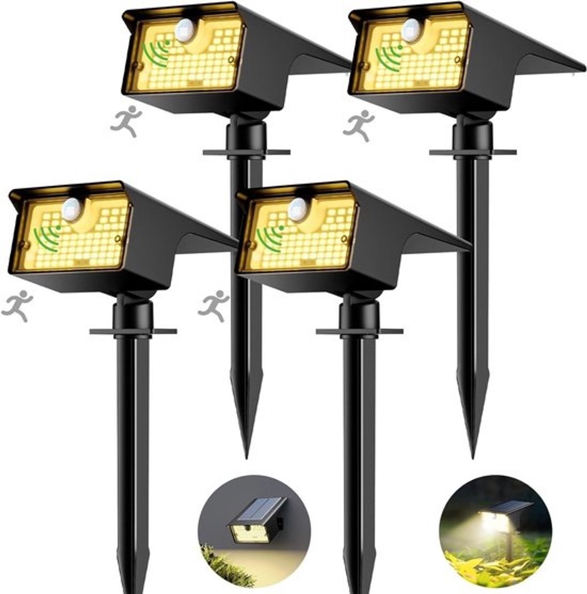 Set van 4 Solar Tuinlampen met Bewegingssensor, 3 Modi, Waterdicht IP65 LED Verlichting voor Buiten, Tuin en Oprit