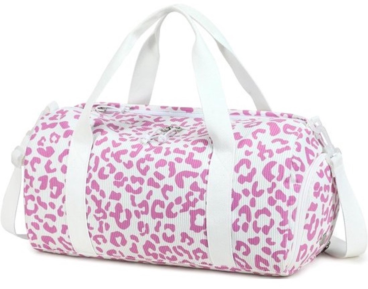 Sporttas Kinderen - Zwemtas Gymtas - Sporten Reizen - Schoenen Compartiment - 46x22x23 cm - Wit Luipaard