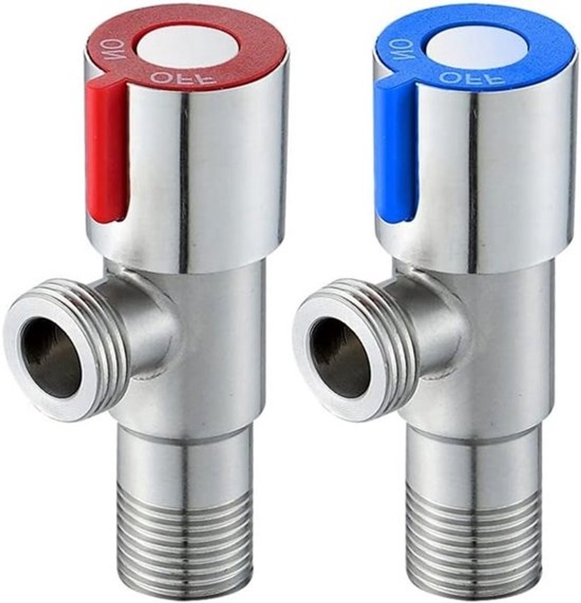 Set van 2 hoekventielen - 304 RVS met blauwe en rode knoppen - G1/2