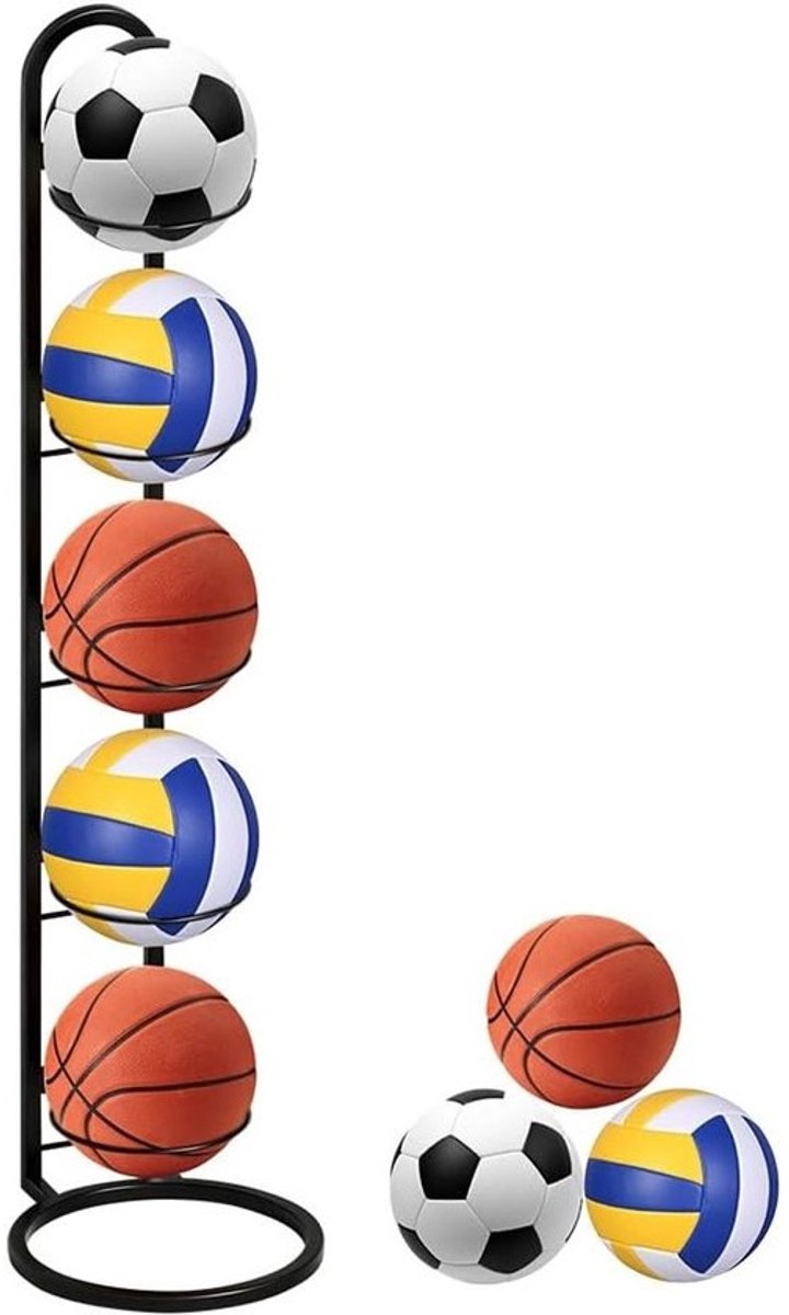 5-traps balstandaard voor verticale balopslag - Metalen displayhouder voor sportballen - Stevige ballenopslag, zwart