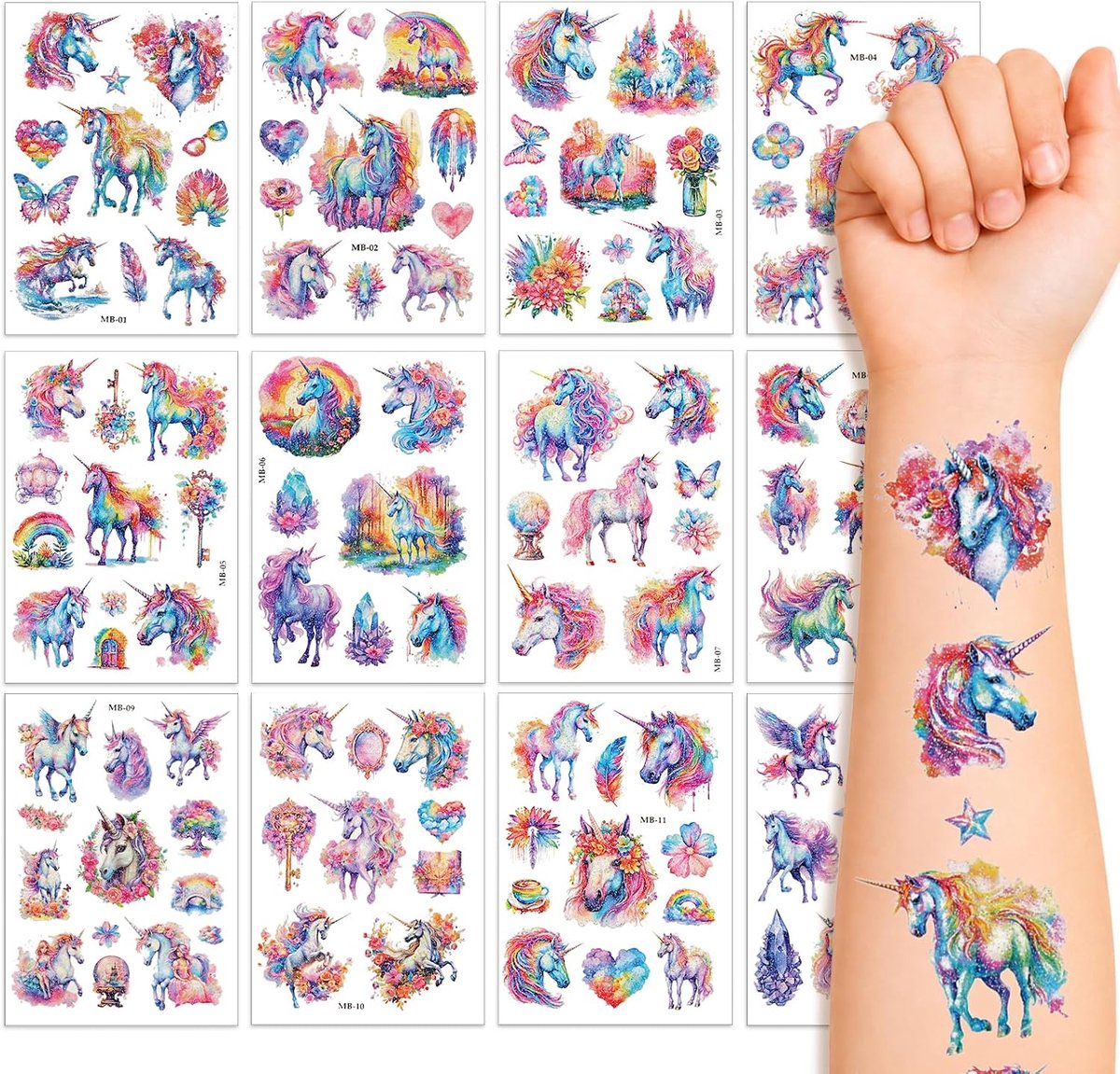 Glittertatoeages voor kinderen, 12 vellen glittertatoeages voor kinderen, 200+ stijlen, kindertatoeages voor meisjes en jongens, tattoos glittergeluk, spel voor verjaardag, kinderverjaardag