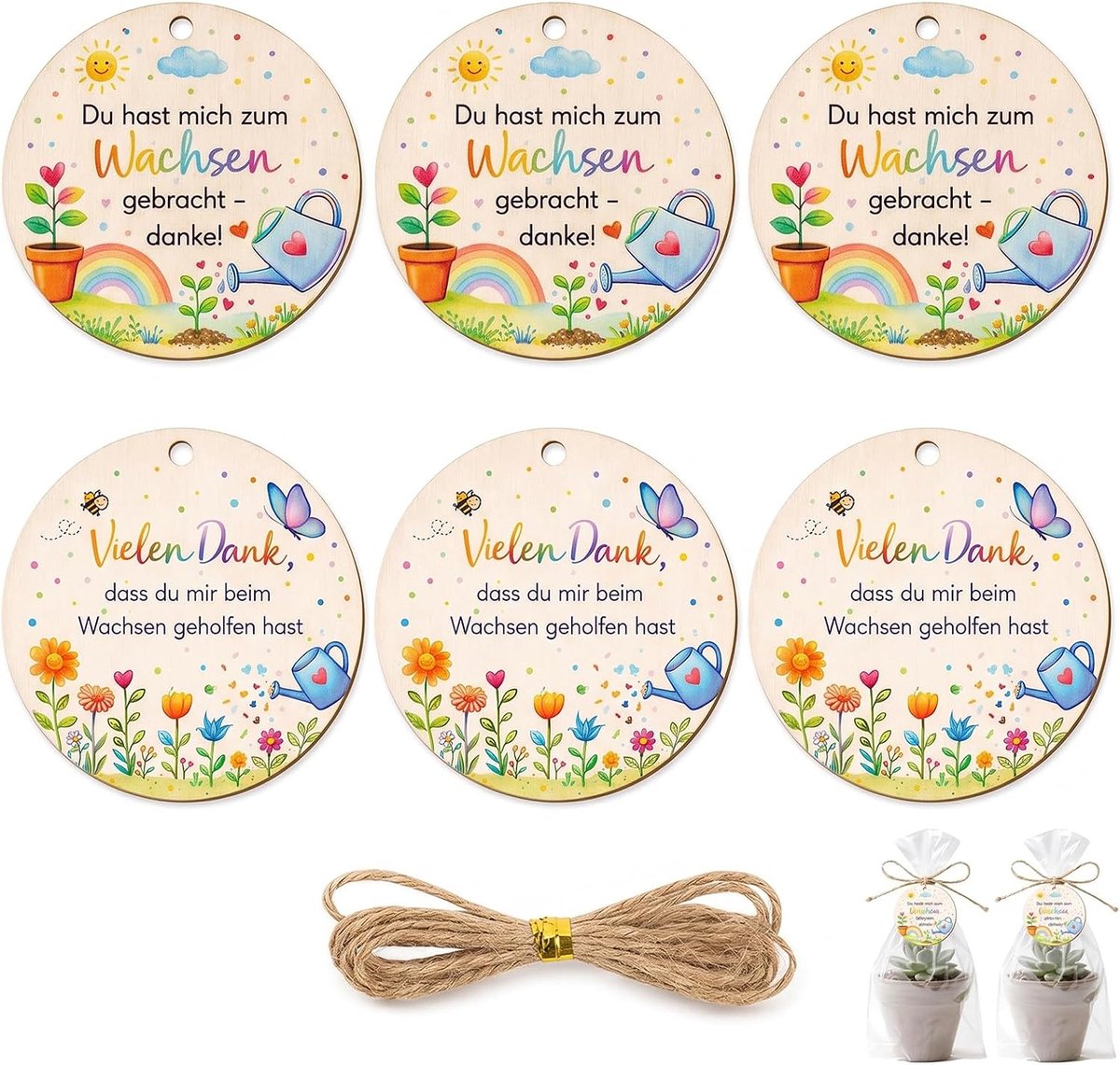 6 stuks houten cadeauhangers voor vazen, decoratieve borden met jute touw voor bloemen en planten, tafelkaarten om te knutselen, cadeau-idee voor leraren eind van het jaar en gastgeschenken bruiloft