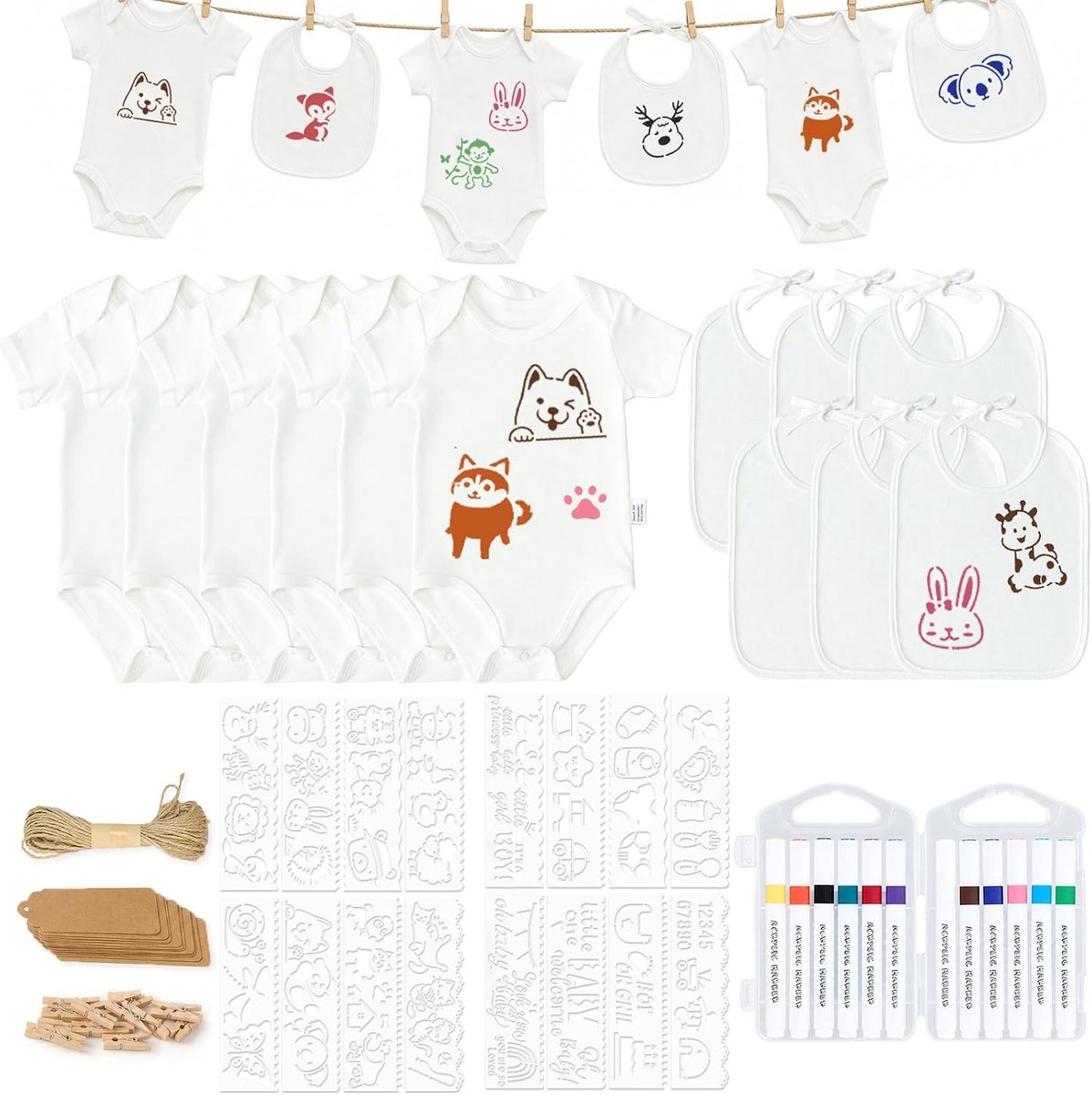 81-delige babyshower speelset, babybody om te beschilderen en babyslabbetje om te beschilderen, wit, 6 babybody's 0-3 maanden, 6 slabbetjes 24 x 20 cm, 12 textielstiften, 16 sjablonen