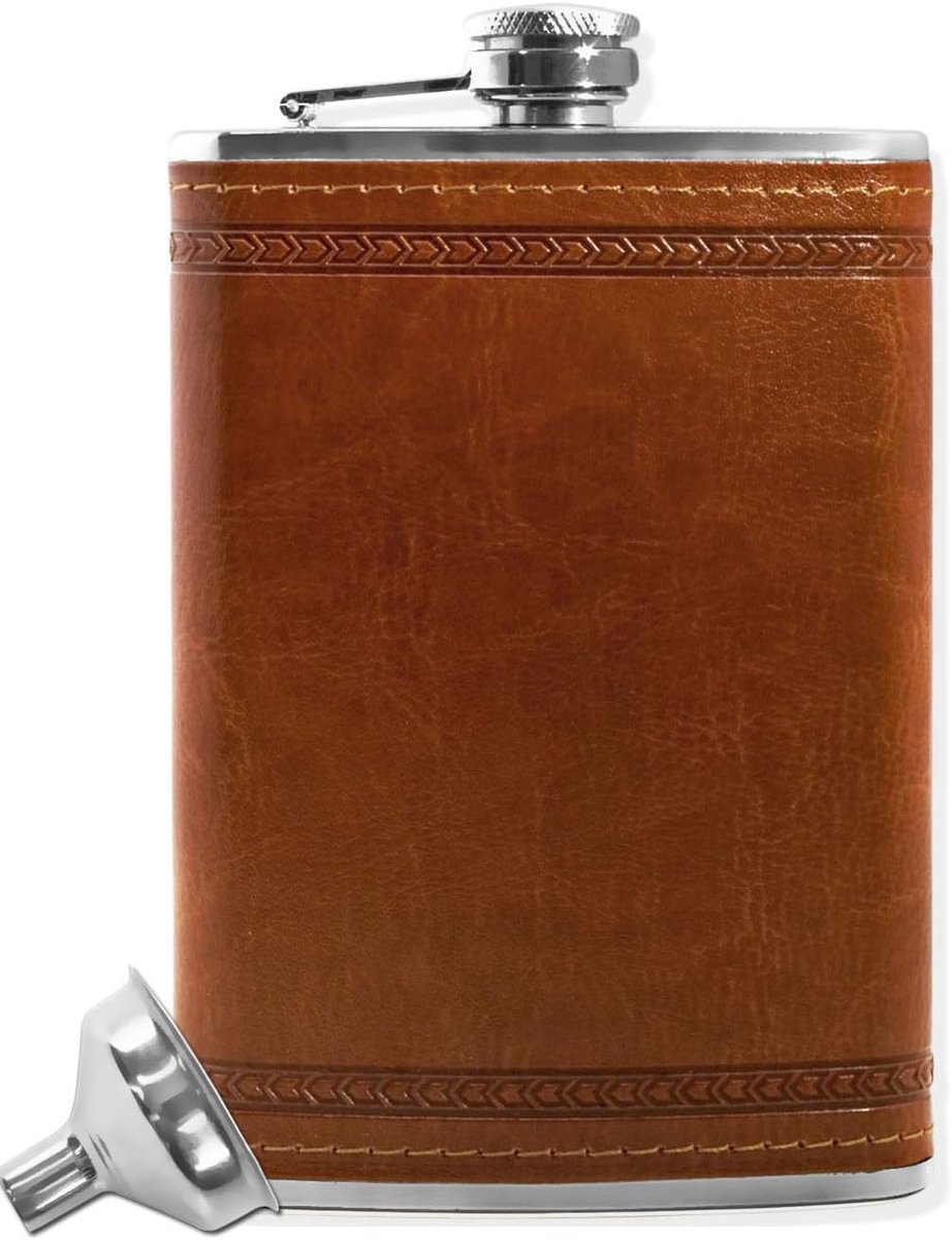 Heupfles 260 ml met elegant lederen design, trechter en geschenkdoos, zwart