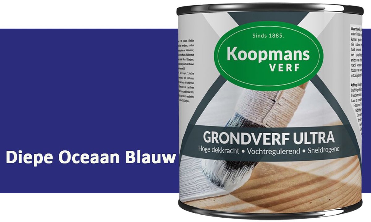 Koopmans Grondverf Ultra – Grondverf Hout & Metaal Binnen en Buiten – Vochtregulerende Primer – Hoge Dekking – Zijdeglans – Diepe Oceaan Blauw – 375 ml