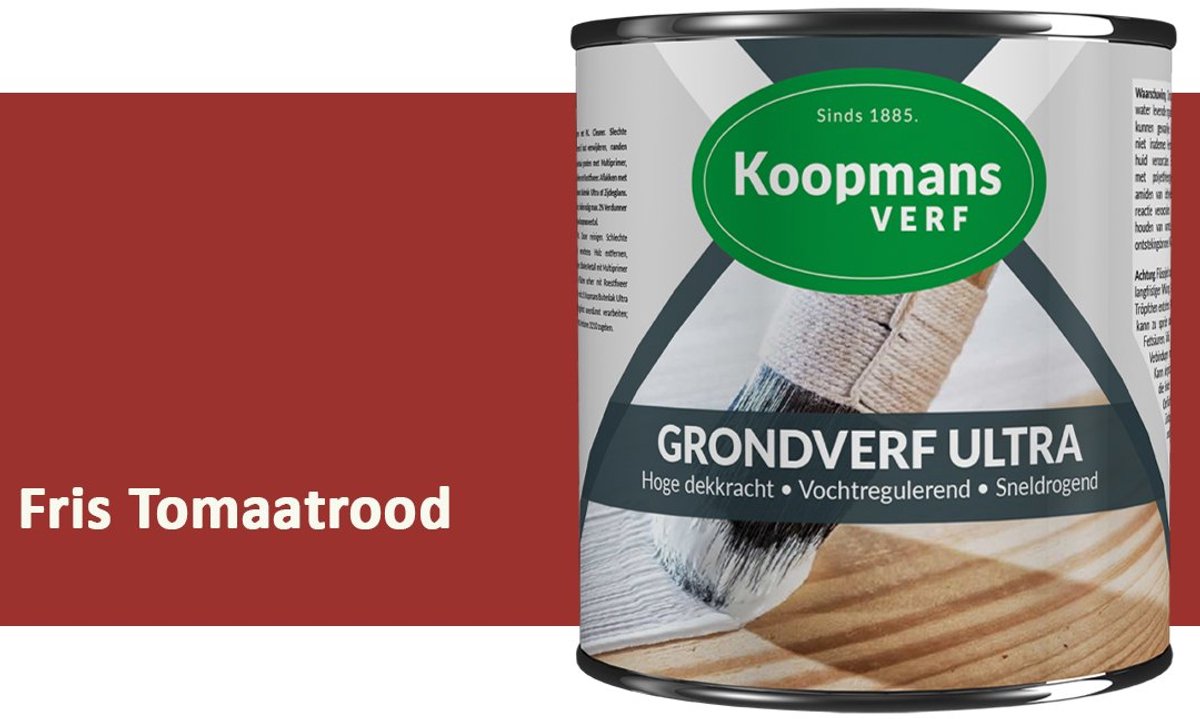 Koopmans Grondverf Ultra – Grondverf Hout & Metaal Binnen en Buiten – Vochtregulerende Primer – Hoge Dekking – Zijdeglans – Fris Tomaatrood – 375 ml