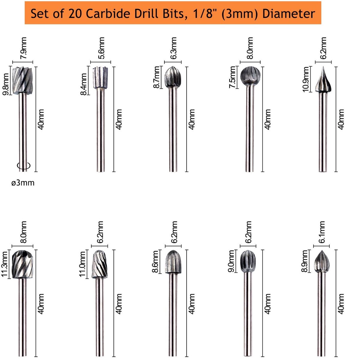 Set van 20 HSS Rotonde Freesjes voor Houtbewerking, Houtsnijden en Boren met 1/8" (3mm) Schacht
