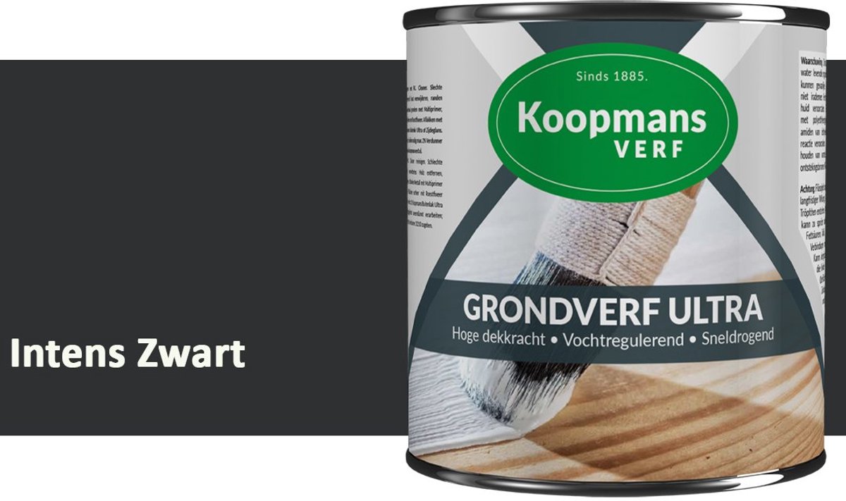 Koopmans Grondverf Ultra – Grondverf Hout & Metaal Binnen en Buiten – Vochtregulerende Primer – Hoge Dekking – Zijdeglans – Intens Zwart – 375 ml