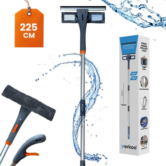 4 in 1 Ramenwasser met telescoopsteel - Raamreiniger - Raamwisser - Raamtrekker - Ramenwisser - Ruitenwasser - 225 cm - Met spons en sprayfunctie