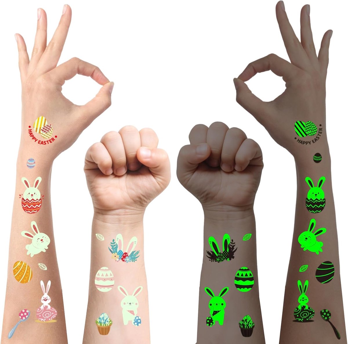 Paastatoeages voor Kinderen 10 Vellen, Paascadeaus voor Kinderen, Glow in the Dark Tijdelijke Tatoeages voor Paasmandvullers, Tatoeagestickers voor Paasdecoraties en Knutselen