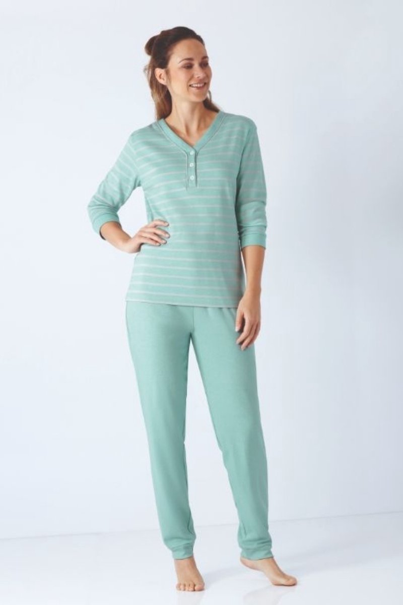 Hajo Premium katoen dames pyjama turquoise gemêleerd Hajo - Blauw - Maat - 36/38