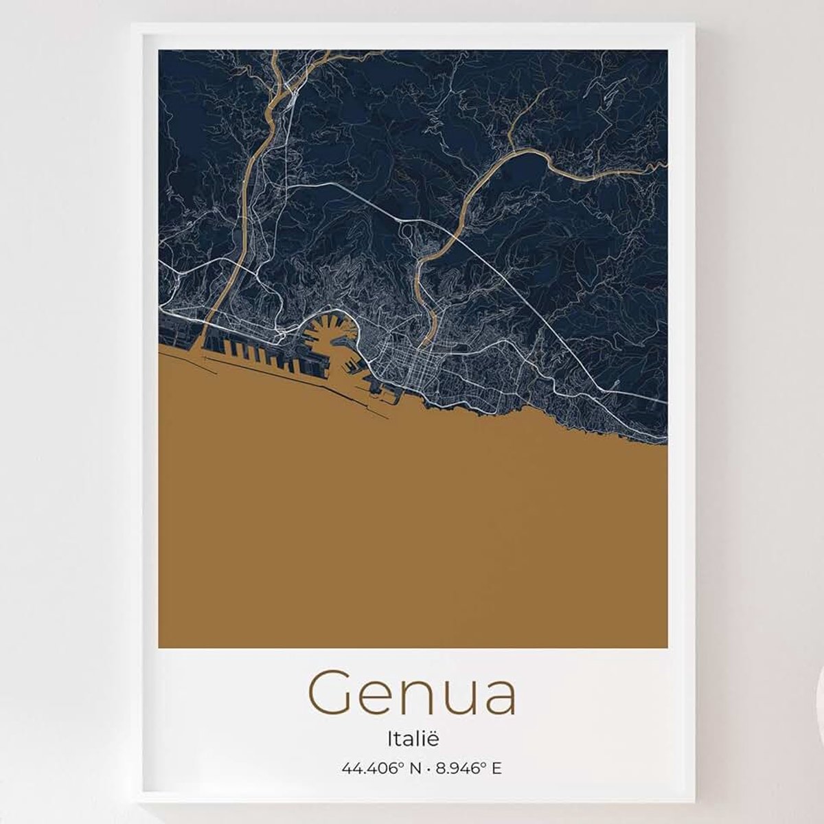Genua stadsposter, je favoriete plek als muurposter, kaart van je stad, gepersonaliseerd aandenken aan Genua – Kleur: darkgold – 70x100 cm – Stijl: Pure