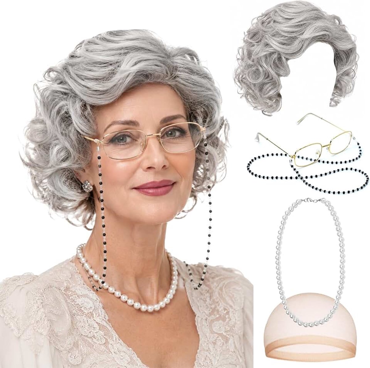 Grijs, set van 5, grijze pruik krullen voor omakostuum, oude vrouw, gepensioneerkostuum, oma-kostuum, oude damespruik voor Halloween, carnaval