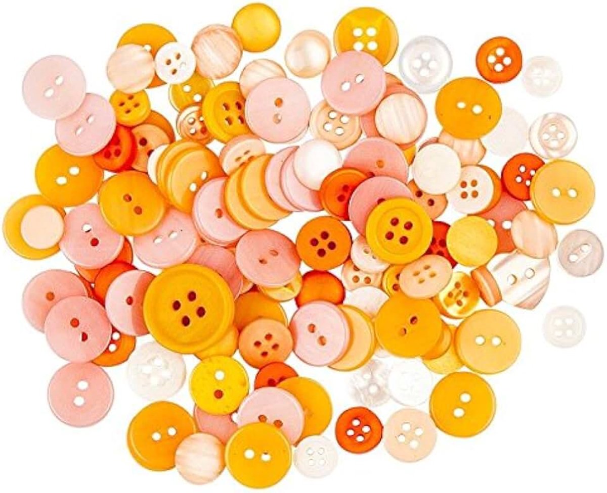 Knopen, 30 g, Ø 9-18 mm, knopen in verschillende vormen voor naaien, opplakken, knutselen, speelgoed, kleding, textiel, kaartversiering, scrapbooking, naaien, oranje tinten