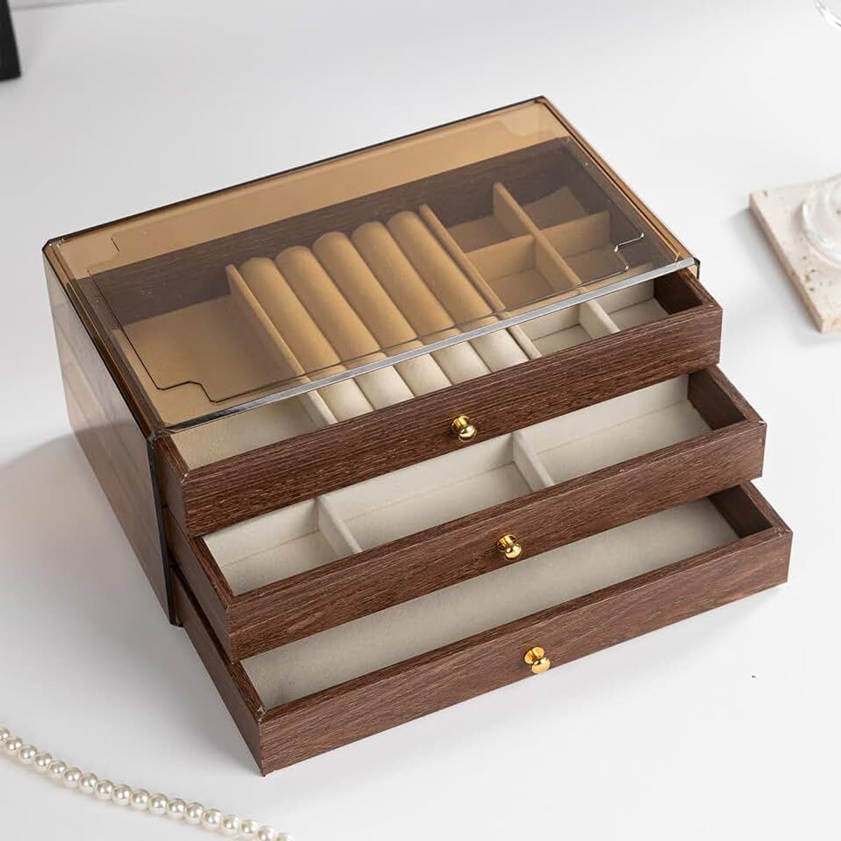 Sieradenkistje voor dames,sieradendoosje,juwelendoos,drie etages | zinvolle vakverdeling,geschikt voor alle soorten sieraden,binnenbekleding van fluweel,metalen handvat,elegant en stijlvol