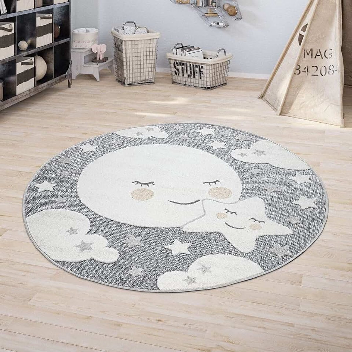Home Vloerkleed Kinderkamer Rond Speelvloerkleed Jongens Meisjes 3D-Effect Maan Grijs, Maat:Ø 200 cm rondje