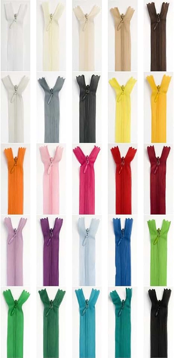 Ritssluitingen met onzichtbare naad, 20 cm lang, meerkleurig, 25 verschillende kleuren