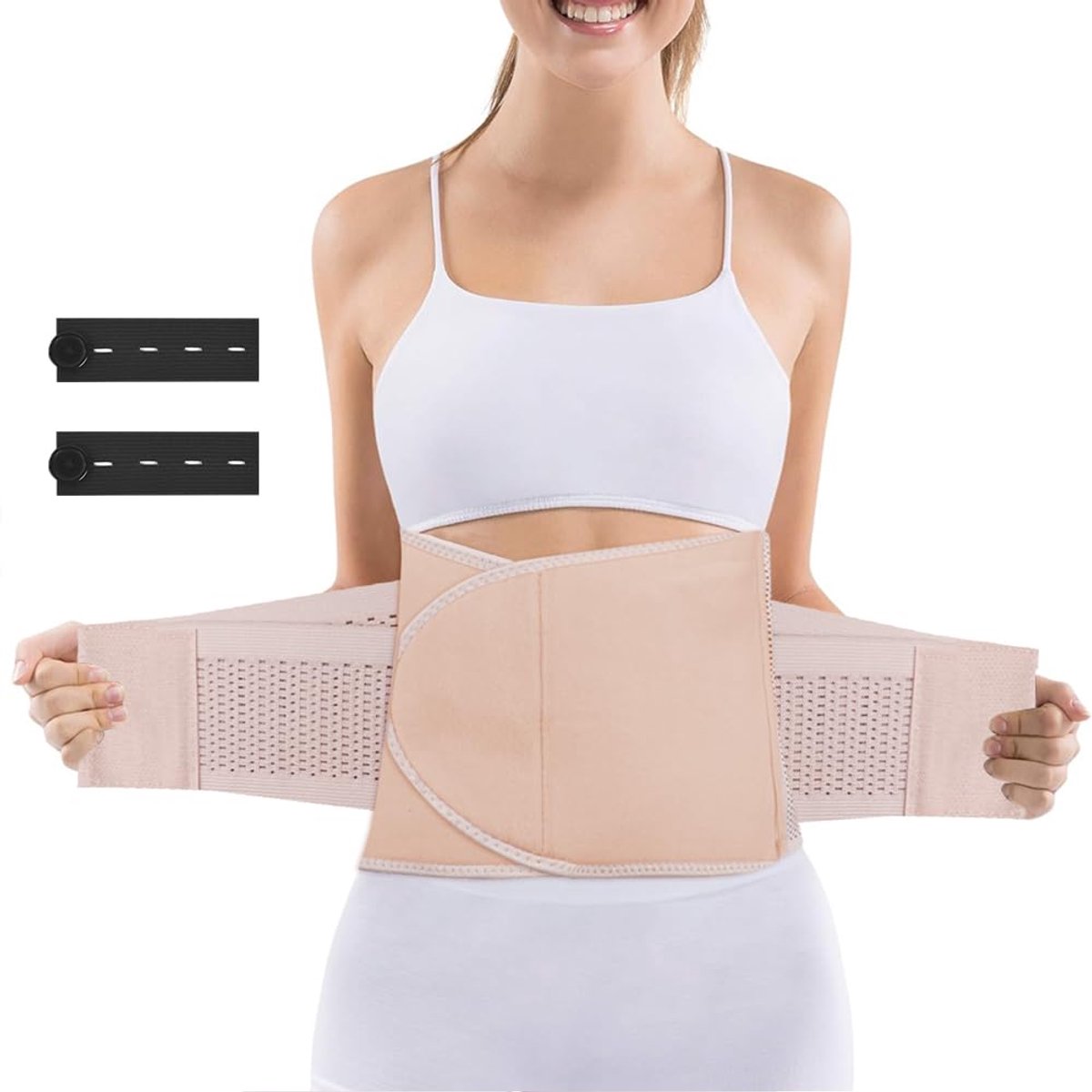 Band na de geboorte, verstelbare buikriem na de geboorte met 2 elastische extenders, buikriem voor dames met 2 rugsteunen, Kleur: zwart/bruin,, 110cm