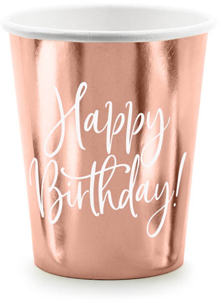 6 Happy Birthday mokken rosé goud 260ml