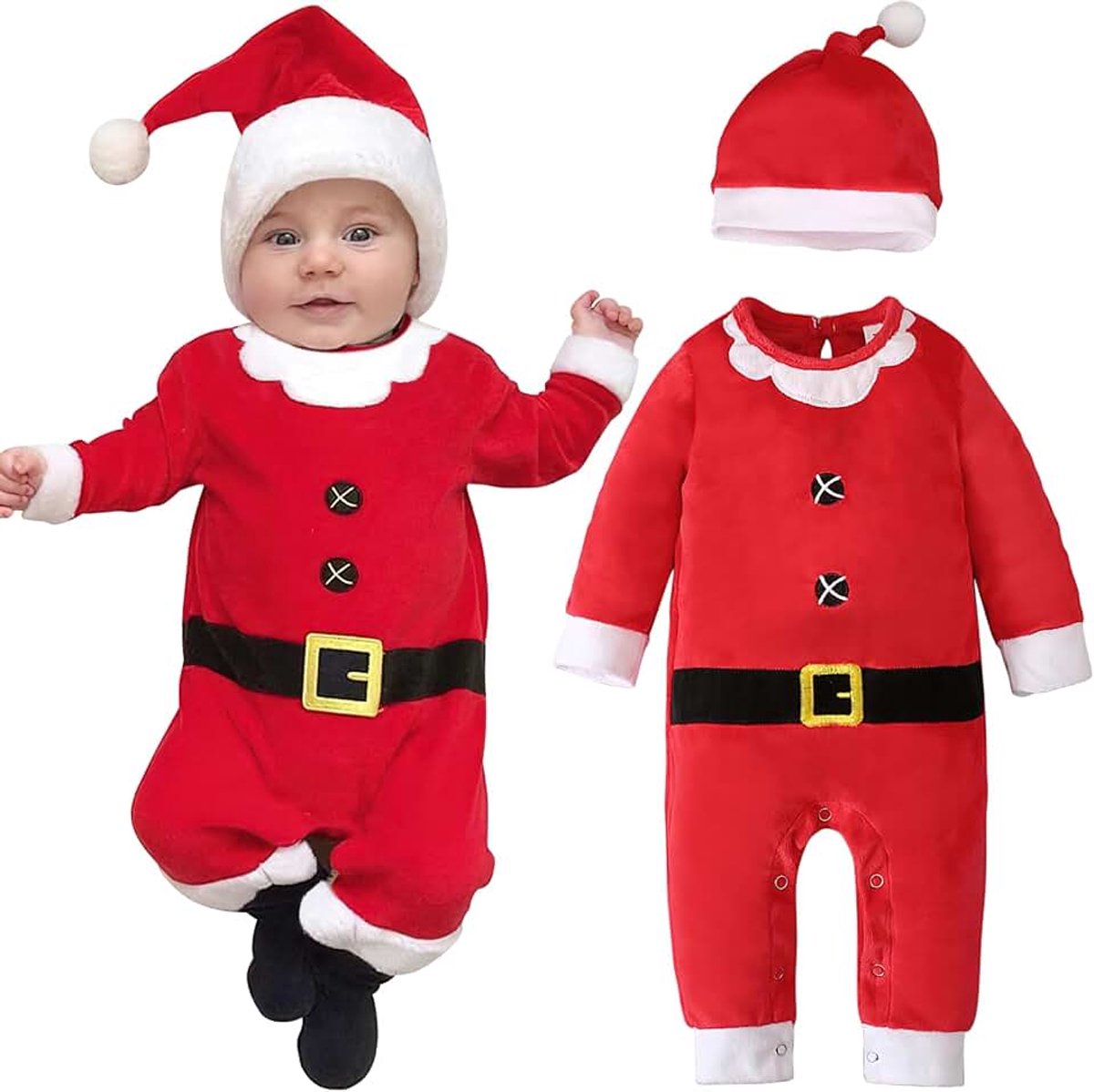 Kerstoutfit - Baby's Meisjes Jongens Kerstman Outfits, Baby Eerste Kerst Kostuum, Baby Kerstman Kostuum Lange Mouw Kerst Outfit, Pasgeboren Kerst Outfits Baby Onesies + Baby's Kerstman