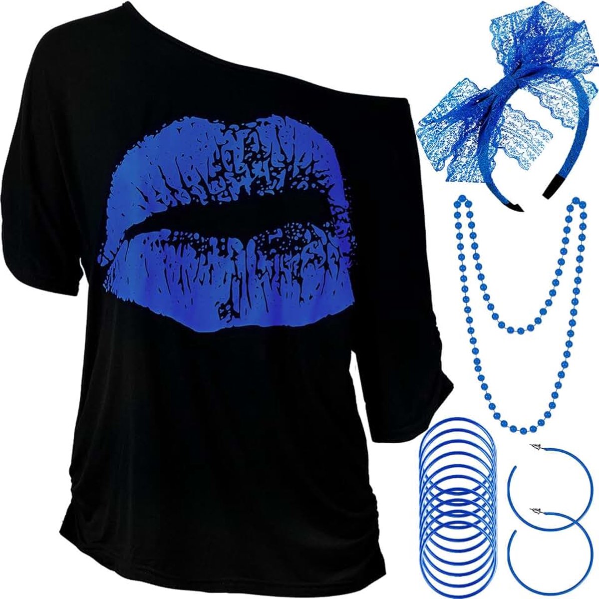 Jaren 80 outfits kostuum accessoires voor vrouwen lippen print t-shirt kant hoofdband oorbellen ketting armband