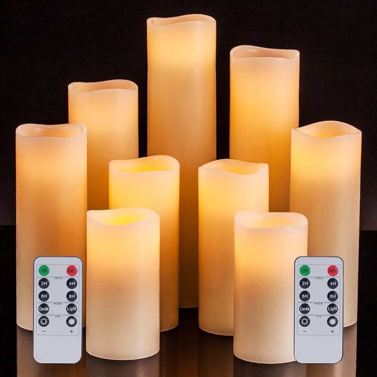 Led-kaarsen met pijler, 9 stuks, 10-22,5 cm, met afstandsbediening en timer, flikkerende vlam, ivoor