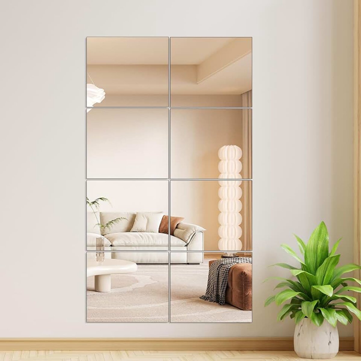 Zelfklevend, set van 8 (25 x 25 cm), HD echt glas, wandspiegel (vervormingsvrij), frameloze spiegeltegels voor kast, deur, badkamer en decoratie
