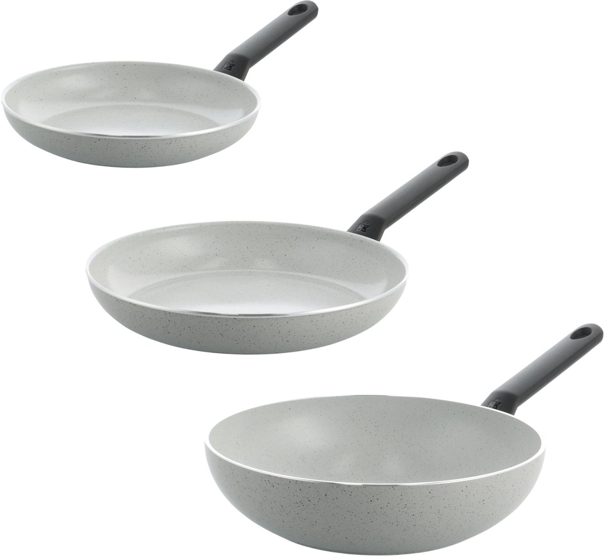 BK Universe Granite Pannenset 3-delig - 24/28/28 cm - PFAS-vrije antikleeflaag - Inductie pannenset - Koekenpannen 24 & 28 cm + Wokpan 28 cm - Ovenbestendig tot 160°C - Koudgrepen - Grijs/Graniet