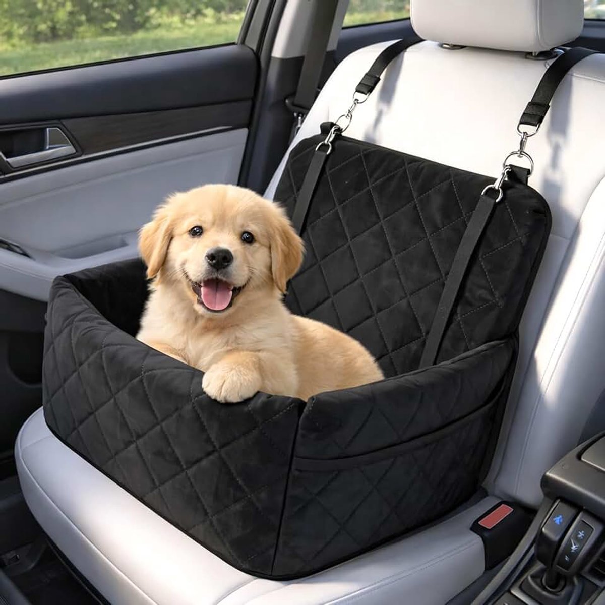 Hondenautostoel voor kleine honden, hondenstoel auto met opbergzakken, verdikte hondenautostoel, zitverhoging, hondenbed, auto voor achterbank, voorstoel, 2 veiligheidsgordels