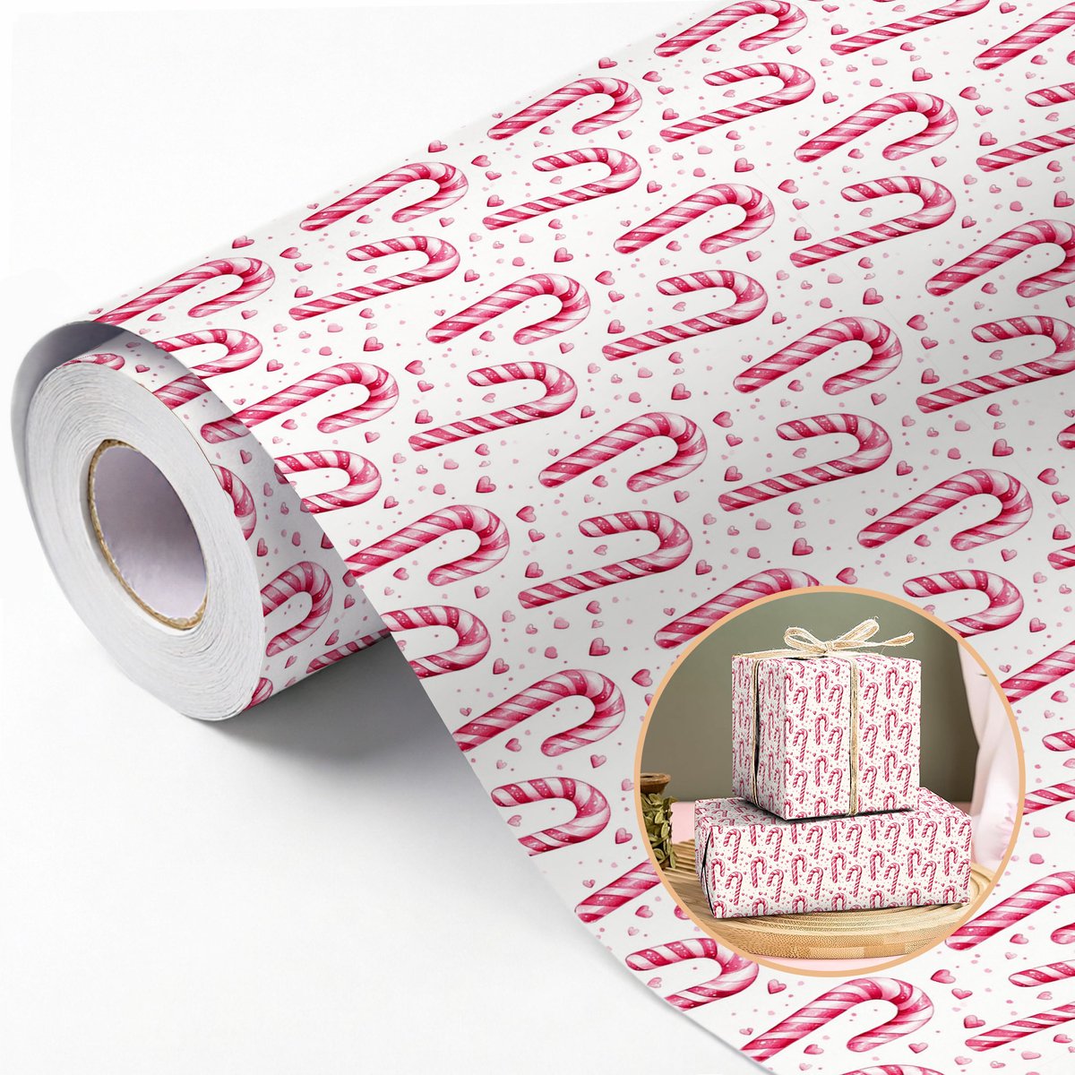 Kerstcadeaupapierrol - 43*500cm - Snoepkraftpapier - Cadeaupapier - Geschikt voor Kerstmis - Unisex - Eenvoudige stijl - Geschikt voor cadeauverpakking, handwerk, kerstversiering en doe-het-zelfprojecten - Wit/roze