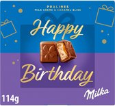 Milka Happy Birthday praline doos van 114g, met afbeelding van melkchocolade en karamel vulling.