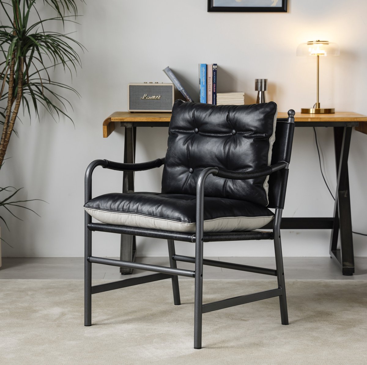 MODENUIT Fauteuil 60 x 62 x 90 cm - Met Armleuningen - Zwart Metalen Frame - Woonkamer - Leer - Zwart